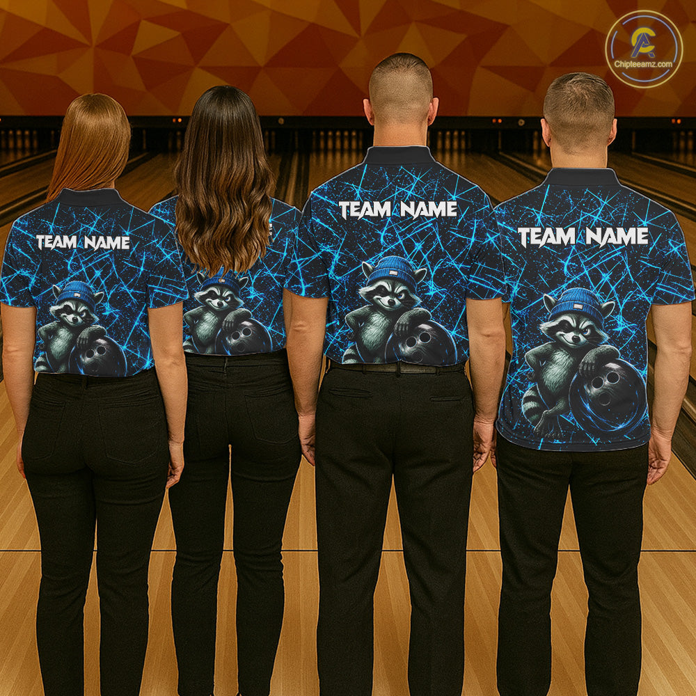 Men women bowling team wearing matching neon blue raccoon bowling jerseys, custom bowling uniforms, bowling league apparel