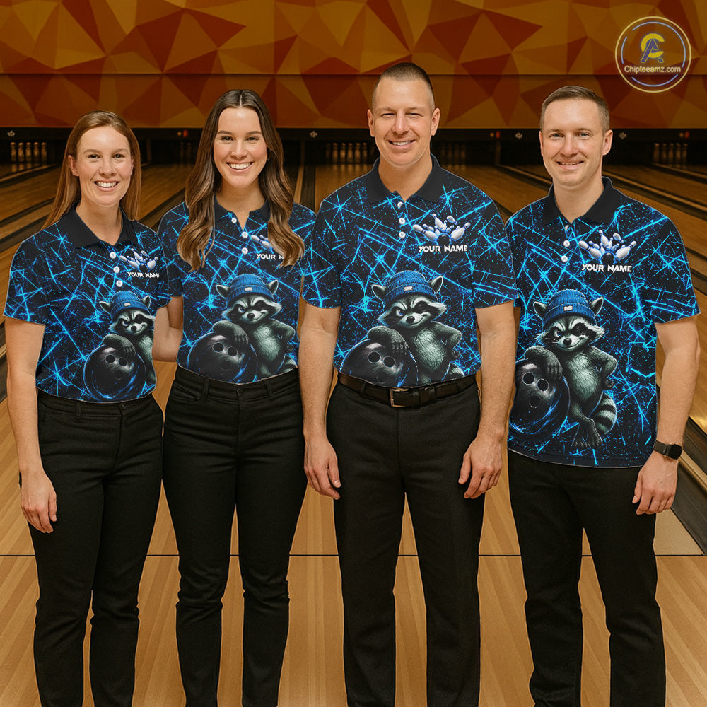 Men women bowling team wearing matching neon blue raccoon bowling jerseys, custom bowling uniforms, bowling league apparel