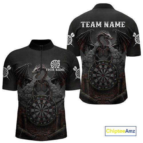 Skeleton Dragon Grey Smokes Cracked Darts League Shirt Custom Dragon Men 1/4-Zip Darts Jersey NYN2039