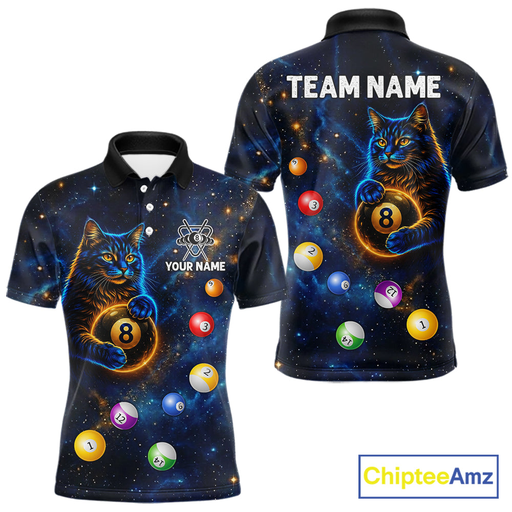 Funny Cat Galaxy Custom 8 Ball Billiard Polo & 1/4-Zip Shirt For Men Blue Billiard Team Jersey NYN3132