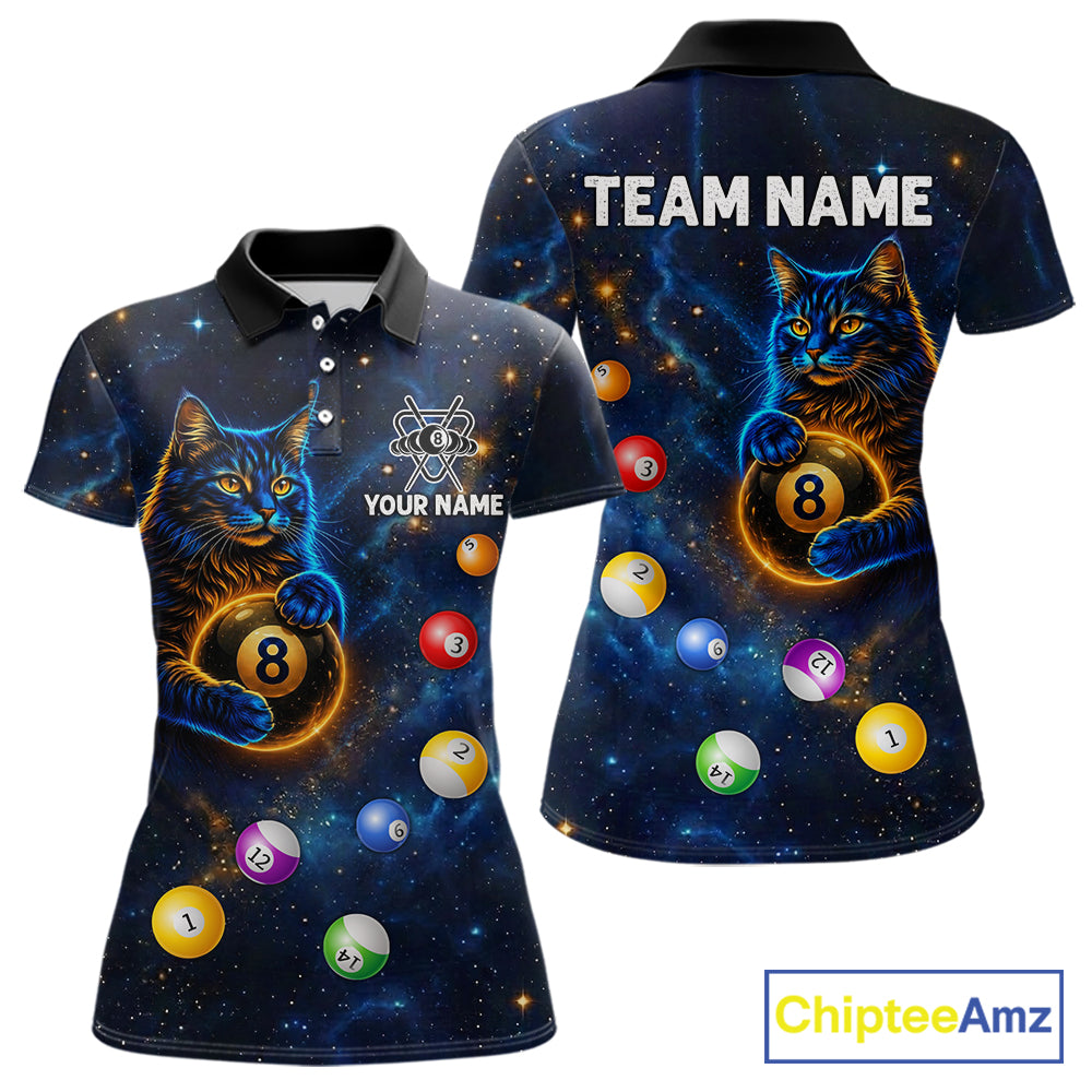 Funny Cat Galaxy Custom 8 Ball Billiard Polo & 1/4-Zip Shirt For Women Blue Billiard Team Jersey NYN3132