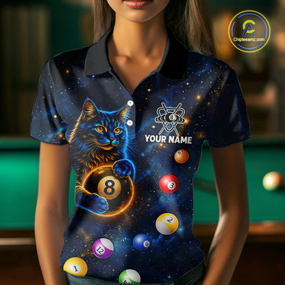 Funny Cat Galaxy Custom 8 Ball Billiard Polo & 1/4-Zip Shirt For Women Blue Billiard Team Jersey NYN3132