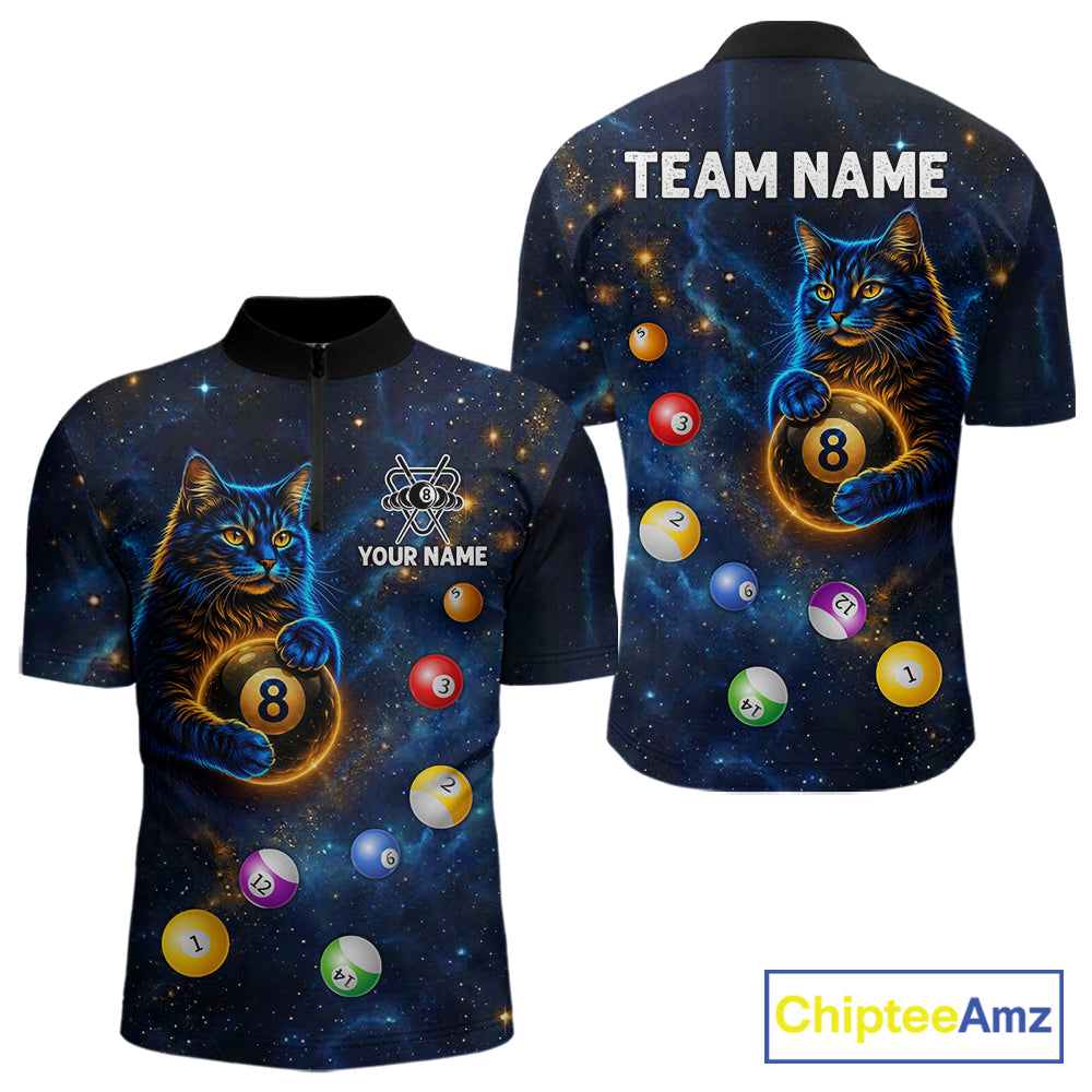 Funny Cat Galaxy Custom 8 Ball Billiard Polo & 1/4-Zip Shirt For Men Blue Billiard Team Jersey NYN3132