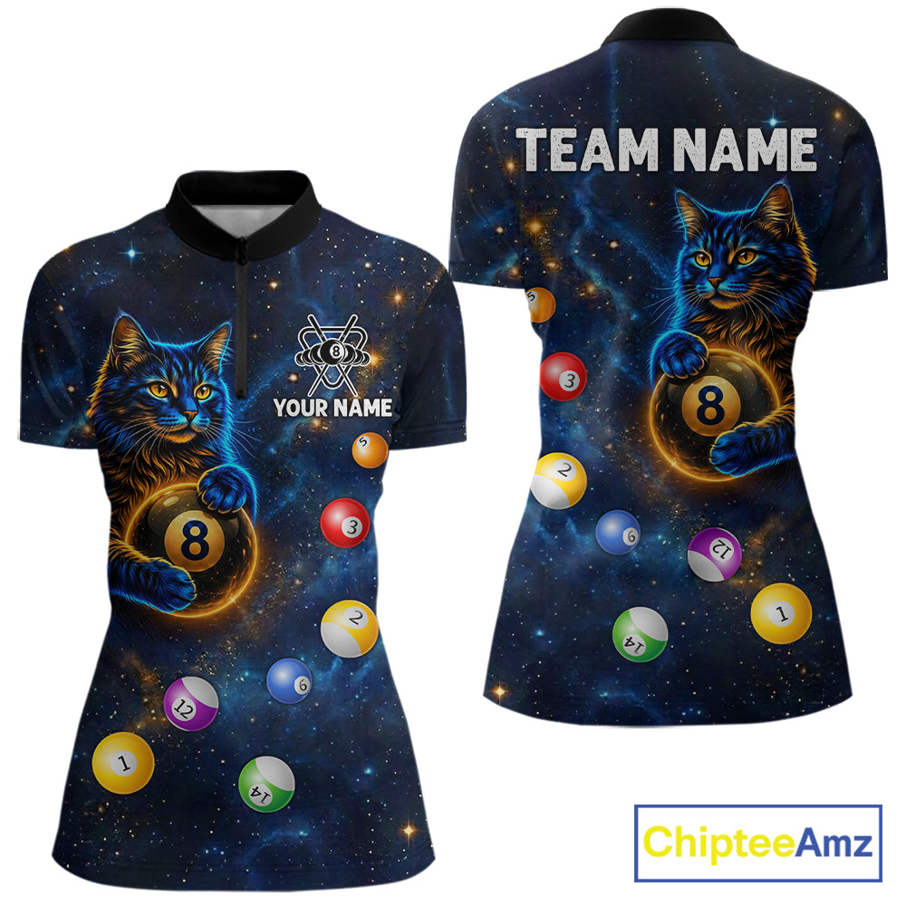 Funny Cat Galaxy Custom 8 Ball Billiard Polo & 1/4-Zip Shirt For Women Blue Billiard Team Jersey NYN3132