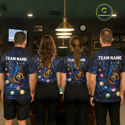 Funny Cat Galaxy Custom 8 Ball Billiard Polo & 1/4-Zip Shirt For Women Blue Billiard Team Jersey NYN3132