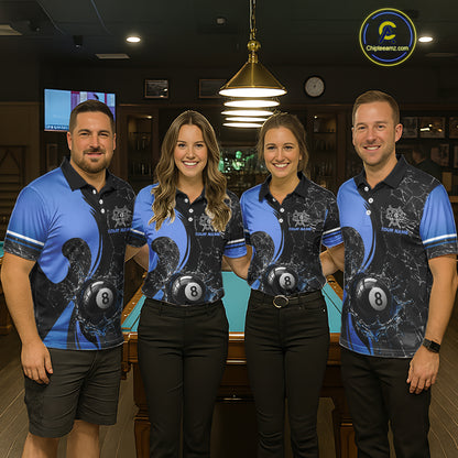 Blue Watering 8 Ball Pool Billiard Shirts For Men Custom Broken Glass Billiard Team Jersey NYN3136