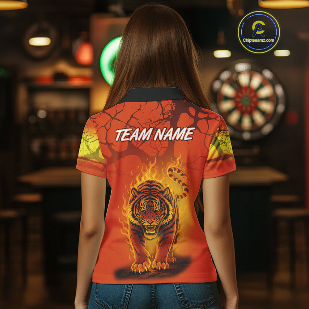 Flaming Tiger Orange Pattern Dartboard Darts Shirt For Women - Custom Name NYN0357
