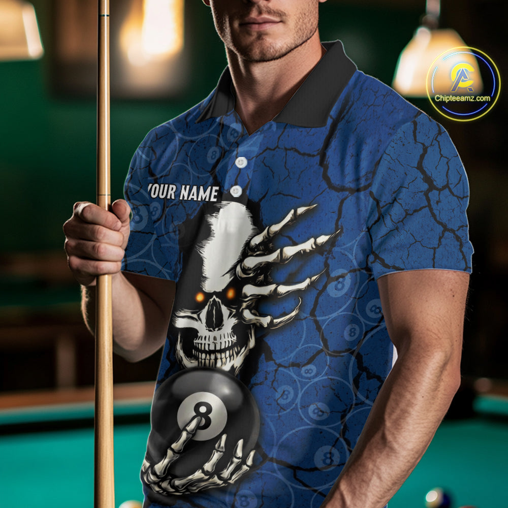 Cracked Blue Skeleton 8 Ball & 9 Ball Billiard Shirt For Men Custom Pool Billiard Polo & 1/4 Zip Jersey NYN3144