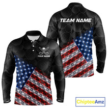Load image into Gallery viewer, Lightning American flag golf polo long sleeve shirt for men black golf ball design