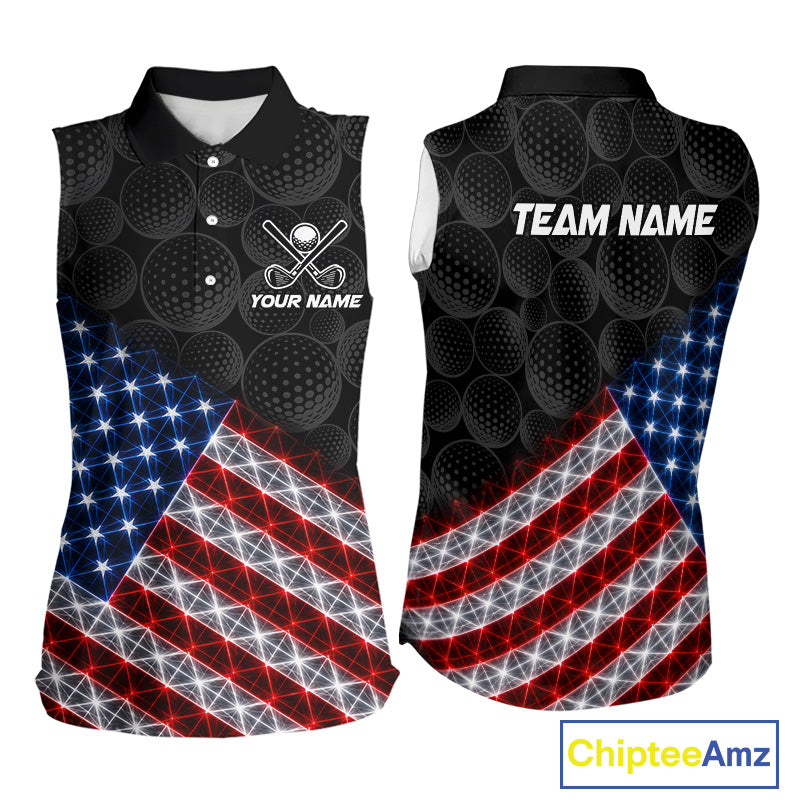 Lightning American flag golf polo shirt for women black golf ball design