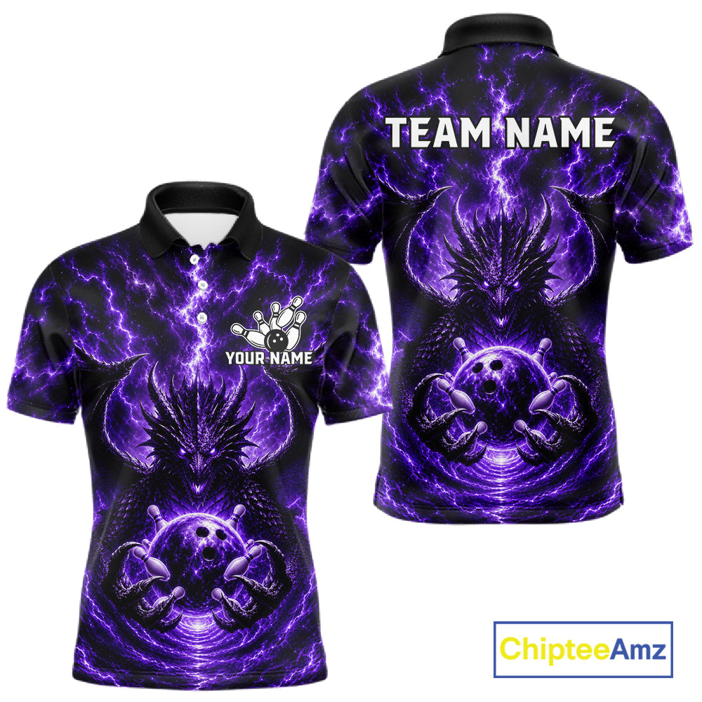 Lightning Purple Thunder Dragon Bowling Polo Shirt For Men Custom Team Bowling League Jersey Personalized Dragon Bowling Apparel