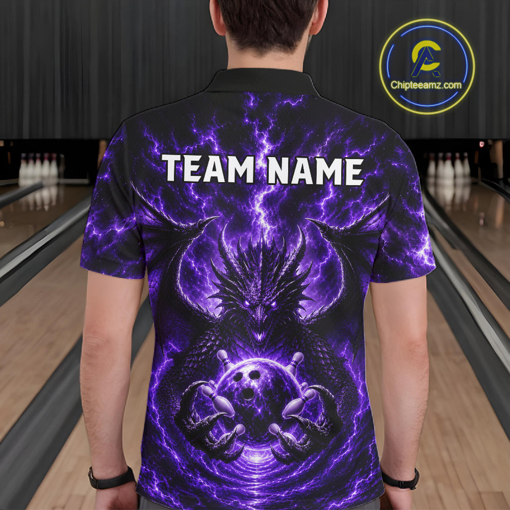 Male bowler wearing Purple Thunder Dragon bowling jersey personalized custom bowling league uniform