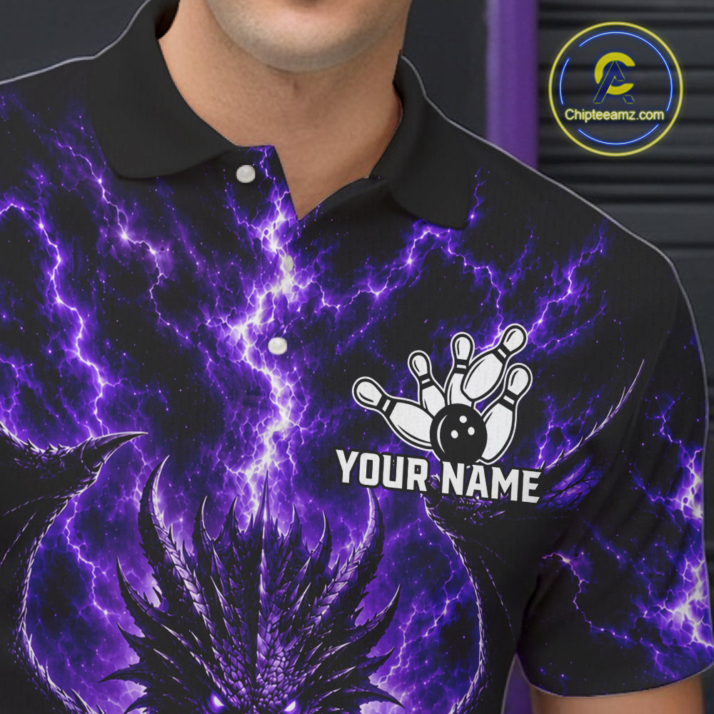 Male bowler wearing Purple Thunder Dragon bowling jersey personalized custom bowling league uniform