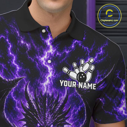 Male bowler wearing Purple Thunder Dragon bowling jersey personalized custom bowling league uniform