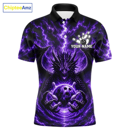 Lightning Purple Thunder Dragon Bowling Polo Shirt For Men Custom Team Bowling League Jersey Personalized Dragon Bowling Apparel