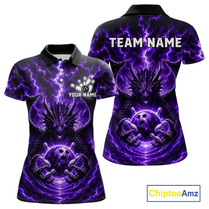 Lightning Purple Thunder Dragon Bowling Polo Shirt For Women Custom Team Bowling League Jersey Personalized Dragon Bowling Apparel