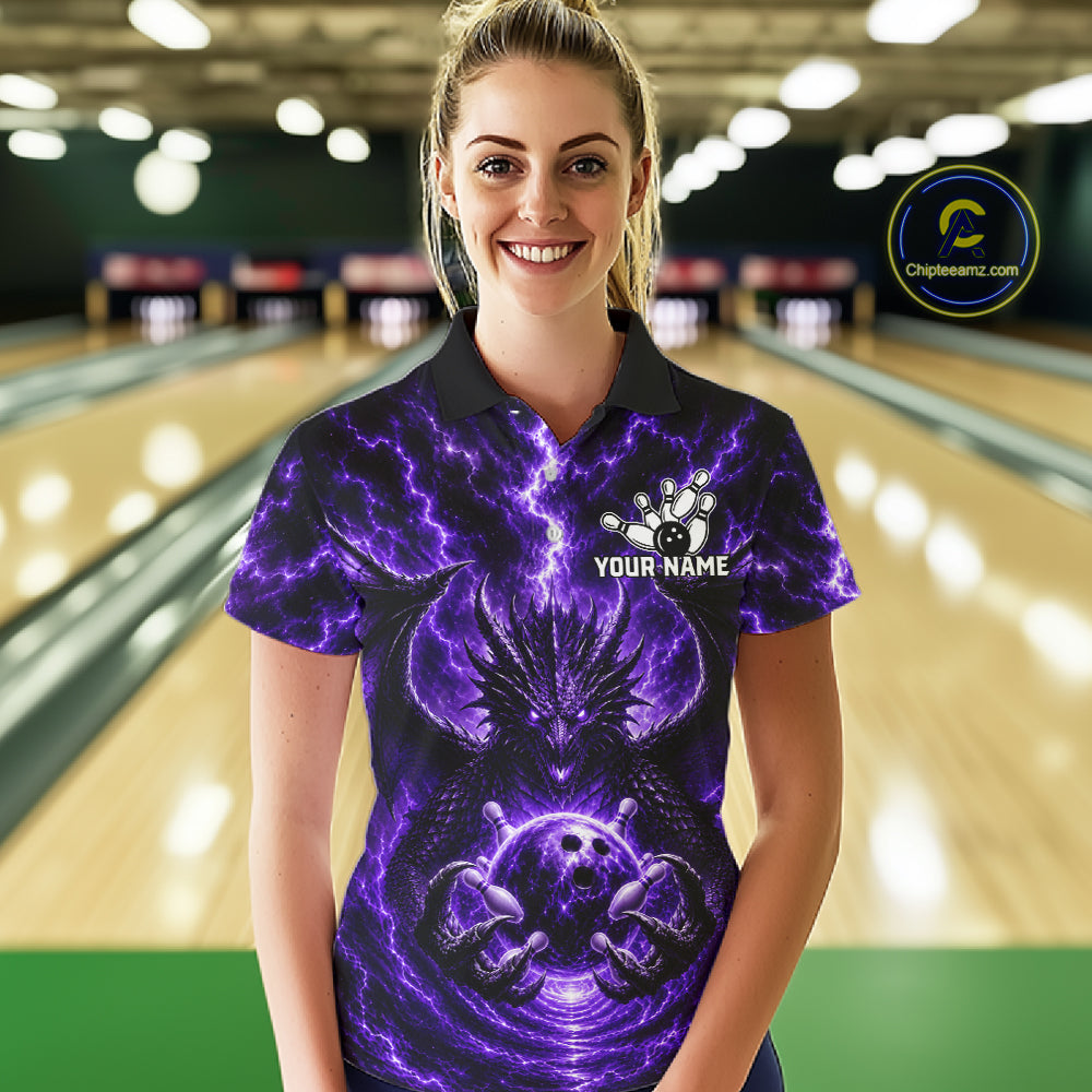 Female bowler wearing Purple Thunder Dragon bowling jersey personalized custom bowling league uniform