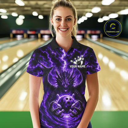 Female bowler wearing Purple Thunder Dragon bowling jersey personalized custom bowling league uniform