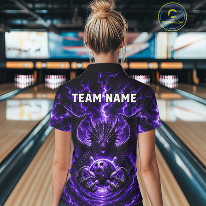 Female bowler wearing Purple Thunder Dragon bowling jersey personalized custom bowling league uniform