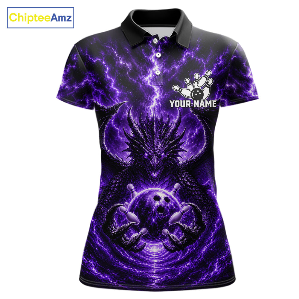 Lightning Purple Thunder Dragon Bowling Polo Shirt For Women Custom Team Bowling League Jersey Personalized Dragon Bowling Apparel