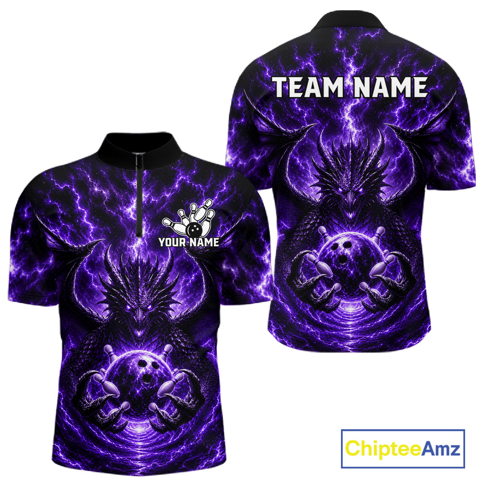 Lightning Purple Thunder Dragon Bowling Quarter-Zip Shirt For Men Custom Bowling Team Jersey