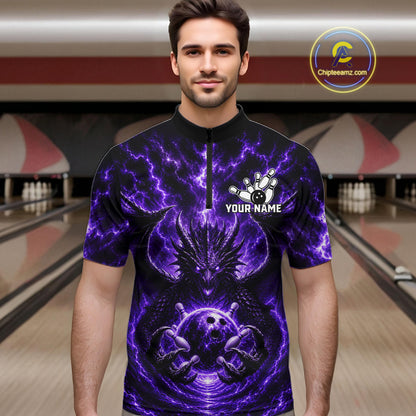 Male bowler wearing Purple Thunder Dragon bowling jersey personalized custom bowling league uniform