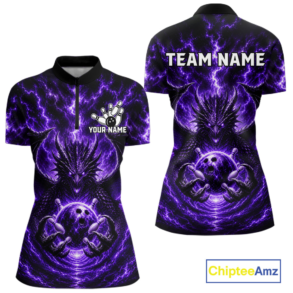 Lightning Purple Thunder Dragon Bowling Quarter-Zip Shirt For Women Custom Bowling Team Jersey