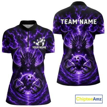 Lightning Purple Thunder Dragon Bowling Quarter-Zip Shirt For Women Custom Bowling Team Jersey