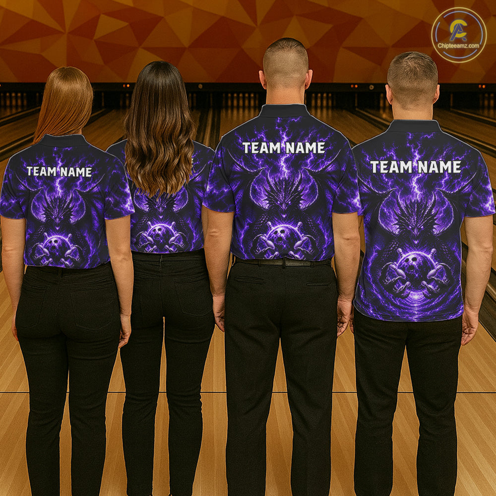Men women bowling team wearing Purple Thunder Dragon bowling jerseys matching bowling tournament apparel