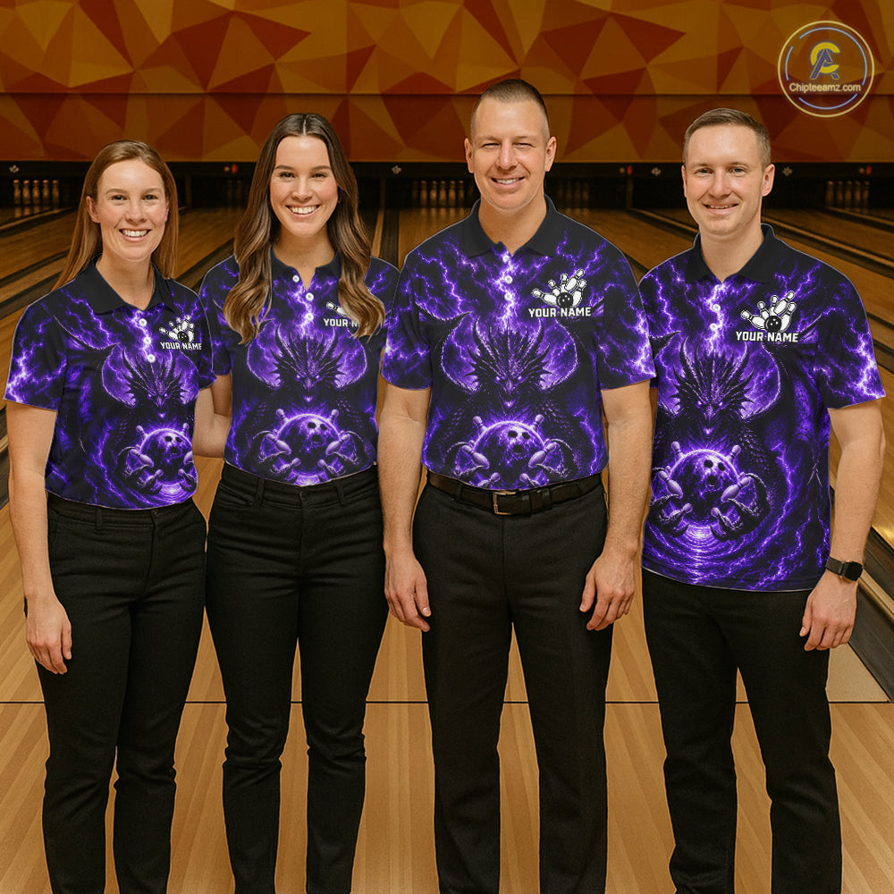 Men women bowling team wearing Purple Thunder Dragon bowling jerseys matching bowling tournament apparel