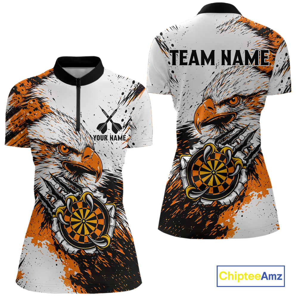 Custom Orange Grunge Eagle Scratch Dartboard Women Darts Quarter-Zip Shirts Dart Team Jerseys NYN2271