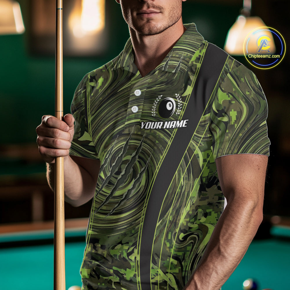 Green Camo 8 Ball Billiard Polo & 1/4 Zip Shirt For Men Custom Pool Team Shirt, Billiard Clothes NYN2941