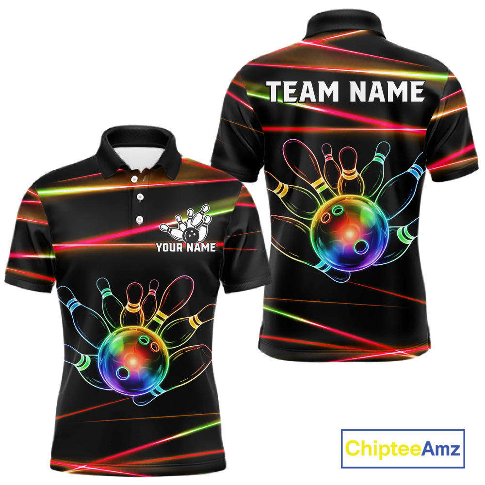 Orange and Green Neon men's bowling polo shirt custom colorful rainbow bowling team jersey, personalized bowling league uniform, custom name bowling shirt, performance bowling apparel