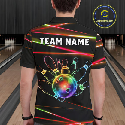 Male bowler wearing Orange and Green Neon rainbow bowling jersey, custom bowling team shirt, colorful bowling league apparel