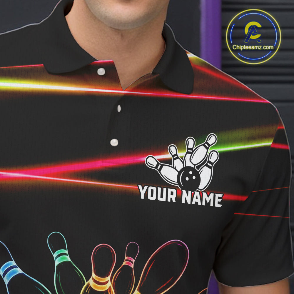 Male bowler wearing Orange and Green Neon rainbow bowling jersey, custom bowling team shirt, colorful bowling league apparel