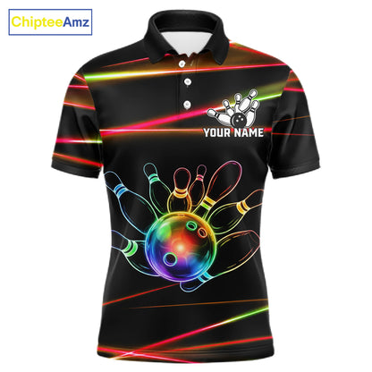 Orange and Green Neon men's bowling polo shirt custom colorful rainbow bowling team jersey, personalized bowling league uniform, custom name bowling shirt, performance bowling apparel