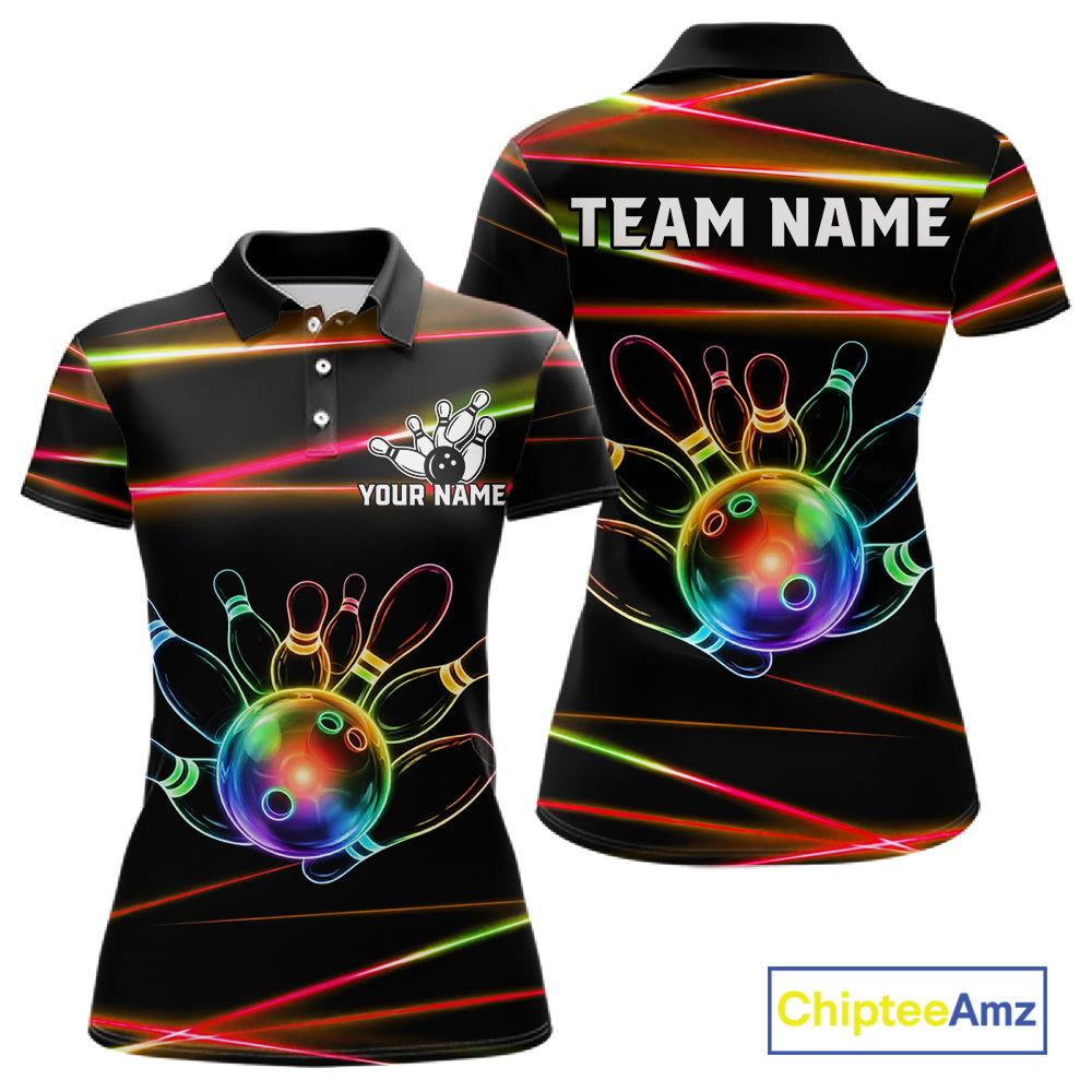 Orange and Green Neon women's bowling polo shirt custom colorful rainbow bowling team jersey, personalized bowling league uniform, custom name bowling shirt, performance bowling apparel
