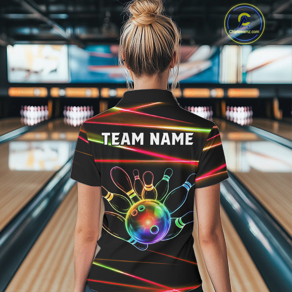 Female bowler wearing Orange and Green Neon rainbow bowling jersey, custom bowling team shirt, colorful bowling league apparel