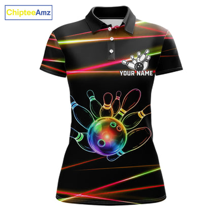Orange and Green Neon women's bowling polo shirt custom colorful rainbow bowling team jersey, personalized bowling league uniform, custom name bowling shirt, performance bowling apparel