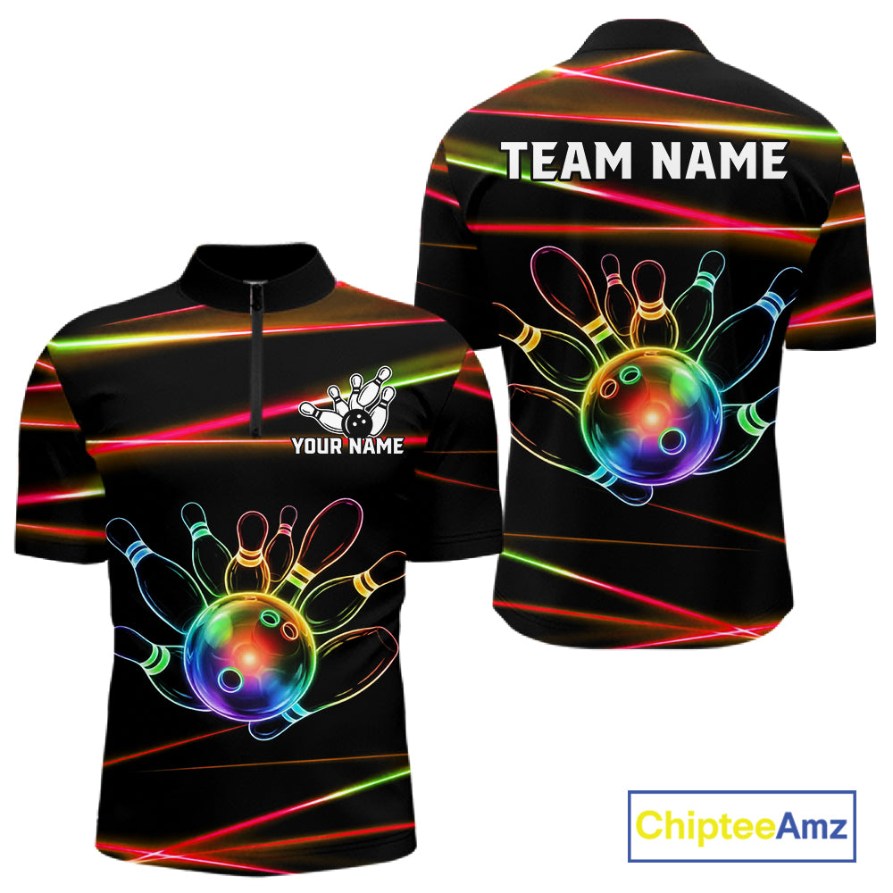 Orange and Green Neon men's quarter zip bowling shirt custom rainbow bowling team jersey, personalized bowling league apparel, custom bowling uniform