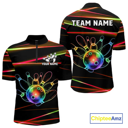 Orange and Green Neon men's quarter zip bowling shirt custom rainbow bowling team jersey, personalized bowling league apparel, custom bowling uniform