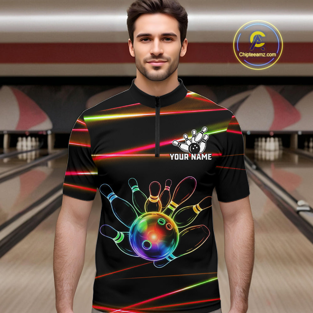 Male bowler wearing Orange and Green Neon rainbow bowling jersey, custom bowling team shirt, colorful bowling league apparel