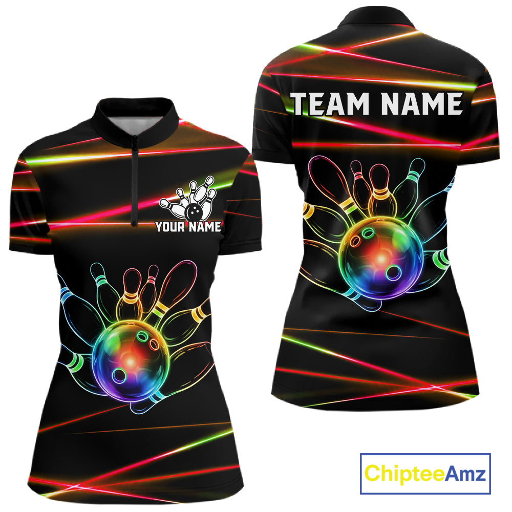 Orange and Green Neon women's quarter zip bowling shirt custom rainbow bowling team jersey, personalized bowling league apparel, custom bowling uniform