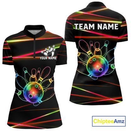 Orange and Green Neon women's quarter zip bowling shirt custom rainbow bowling team jersey, personalized bowling league apparel, custom bowling uniform