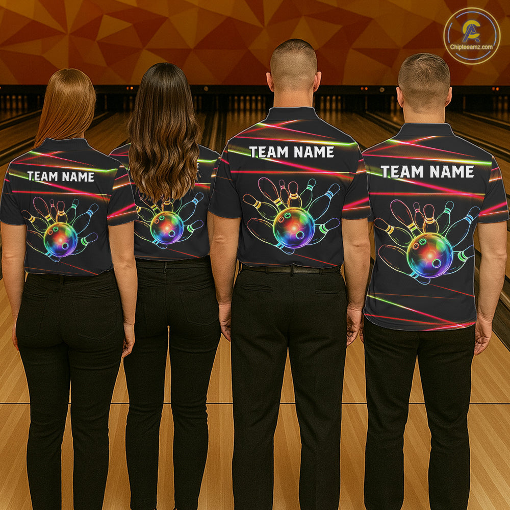 Men women bowling team wearing Orange and Green Neon custom rainbow bowling jerseys, matching bowling league uniforms, personalized team shirts