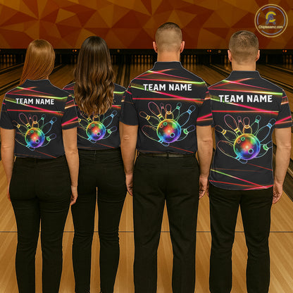 Men women bowling team wearing Orange and Green Neon custom rainbow bowling jerseys, matching bowling league uniforms, personalized team shirts
