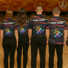 Load image into Gallery viewer, Men women bowling team wearing Orange and Green Neon custom rainbow bowling jerseys, matching bowling league uniforms, personalized team shirts