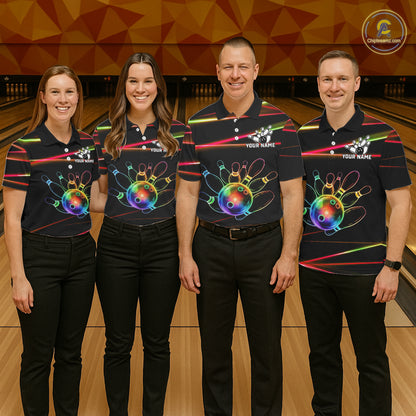 Men women bowling team wearing Orange and Green Neon custom rainbow bowling jerseys, matching bowling league uniforms, personalized team shirts