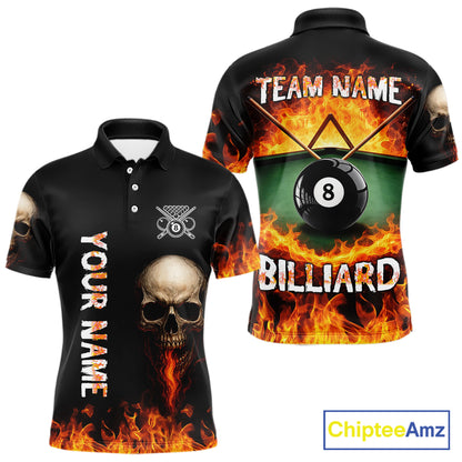 Fire Flame Pool 8 Ball Skull Billiard Shirts For Men Custom Billiard League Jerseys | Red NYN2286
