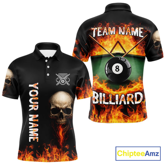 Fire Flame Pool 8 Ball Skull Billiard Shirts For Men Custom Billiard League Jerseys | Red NYN2286